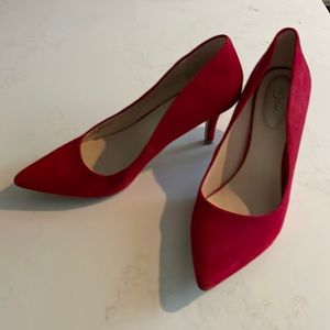Pair of red Alfani Step n Flex red suede heels